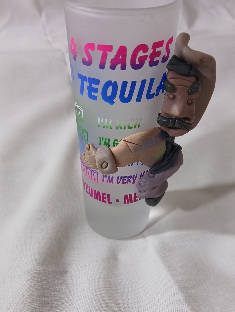 Frosted Novelty Tequila Shot Glass with Pink and Blue Lettering